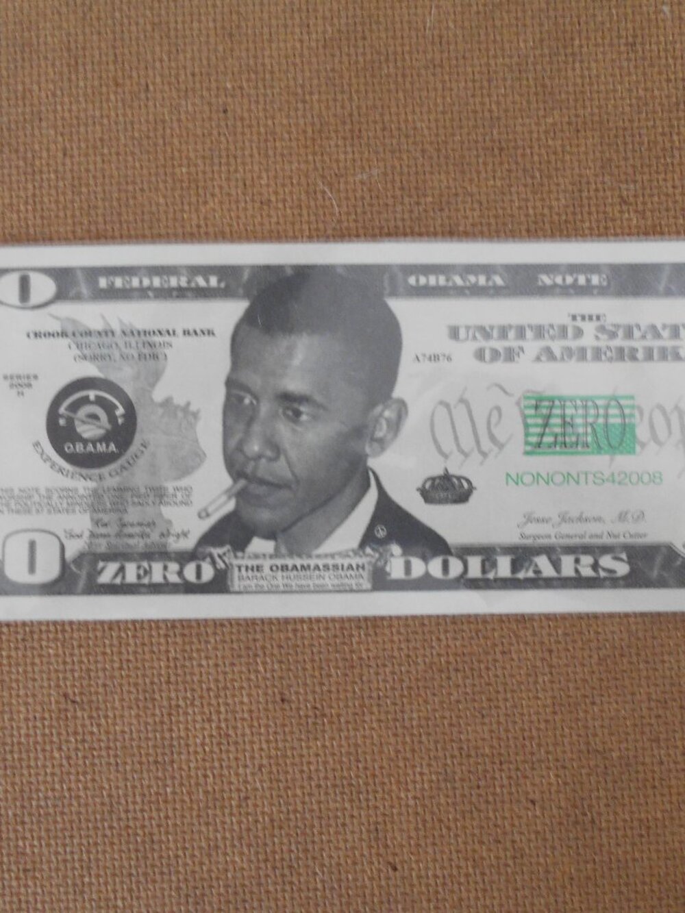 Obama Zero Dollars Bill- New